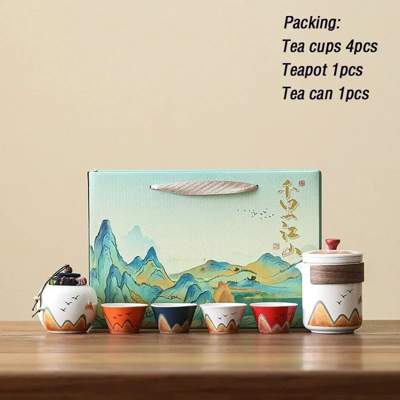 Elegant Chinese-Style Ceramic Tea Set – 4 Cups, Teapot & Tea Canister in Gift Box