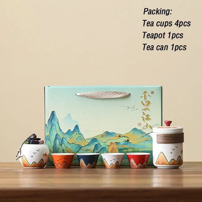 Elegant Chinese-Style Ceramic Tea Set – 4 Cups, Teapot & Tea Canister in Gift Box