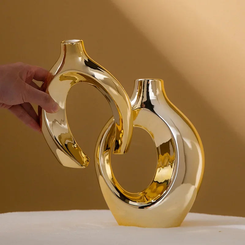 Hollow Out Embrace Ceramic Vase – Modern Irregular Cross-Shaped Tubular Design