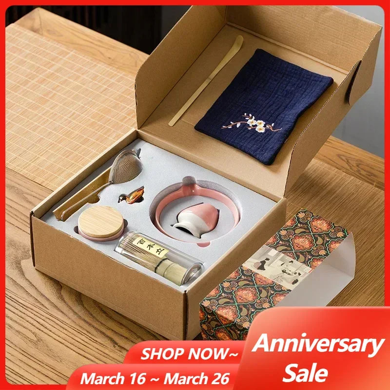 9PCS Japanese Matcha Set with Ceramic Bowl Bamboo Matcha Whisk and Tea Scoop for Tea Lovers Gifts Tea-Making Tools Accessories