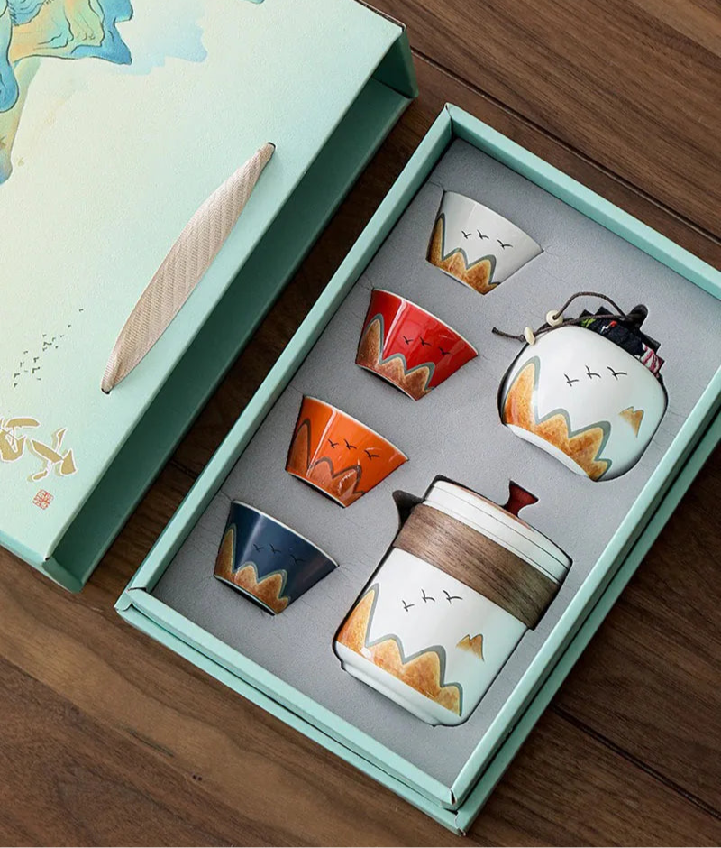 Elegant Chinese-Style Ceramic Tea Set – 4 Cups, Teapot & Tea Canister in Gift Box
