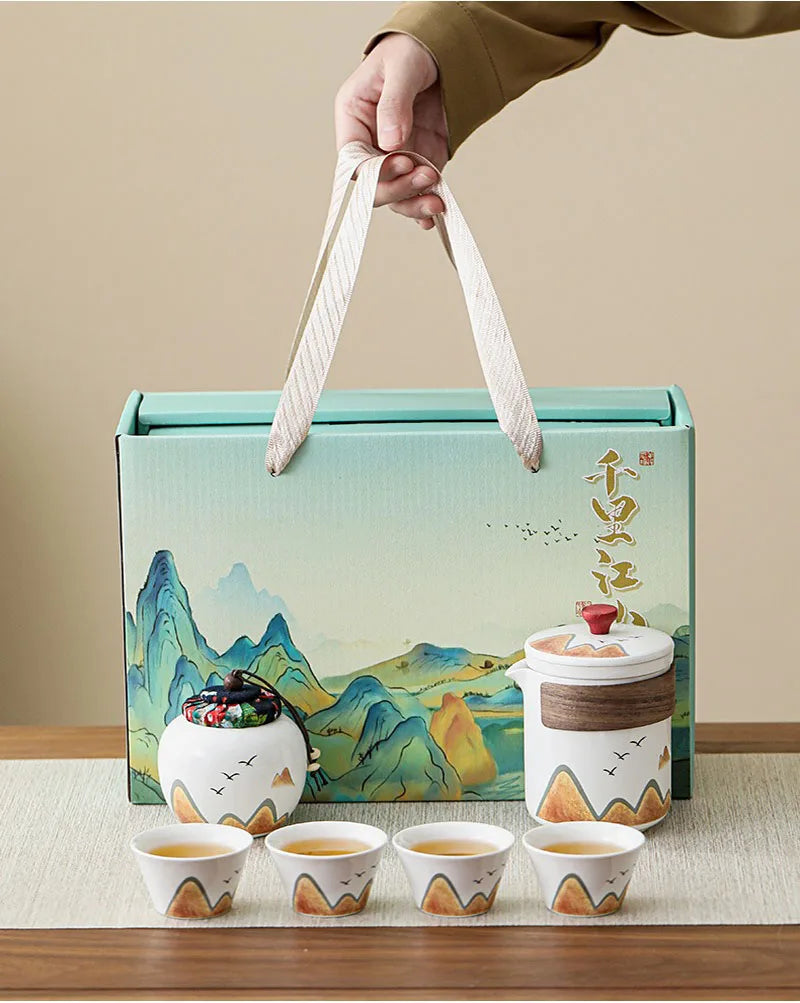 Elegant Chinese-Style Ceramic Tea Set – 4 Cups, Teapot & Tea Canister in Gift Box