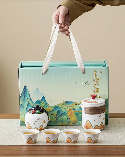 Elegant Chinese-Style Ceramic Tea Set – 4 Cups, Teapot & Tea Canister in Gift Box