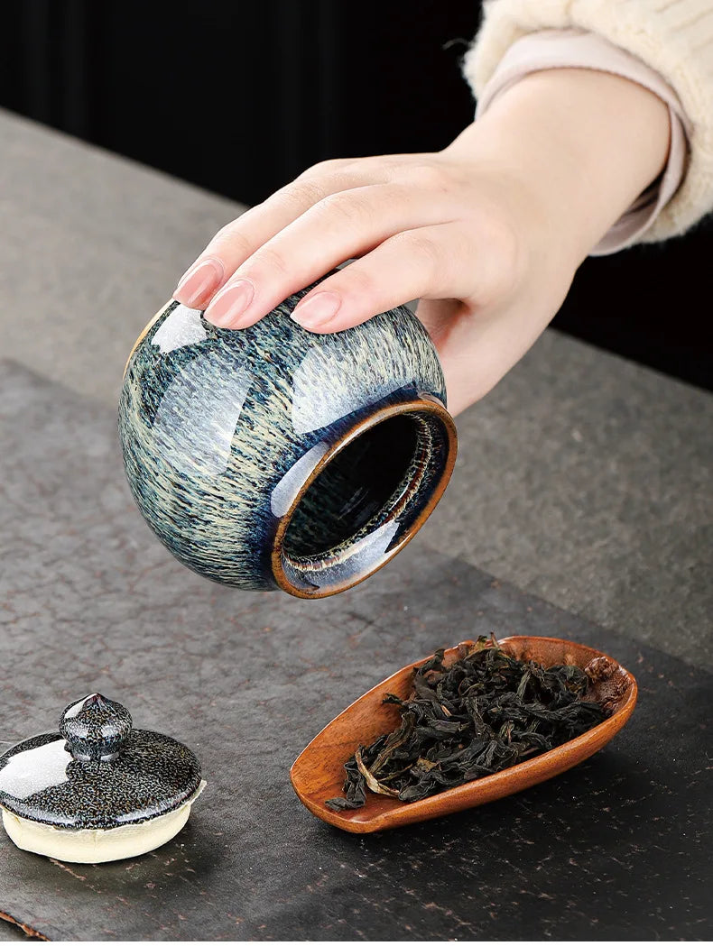 Tin Teh Tekstur Bercat Dimeterai Balang Penyimpanan Caddy Teh Seramik dengan Penutup Meja Kopi Hiasan Meja Balang Umum Tin Candy