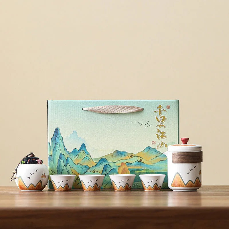 Elegant Chinese-Style Ceramic Tea Set – 4 Cups, Teapot & Tea Canister in Gift Box