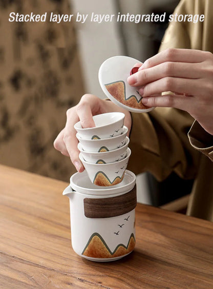 Elegant Chinese-Style Ceramic Tea Set – 4 Cups, Teapot & Tea Canister in Gift Box