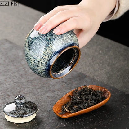 Tin Teh Tekstur Bercat Dimeterai Balang Penyimpanan Caddy Teh Seramik dengan Penutup Meja Kopi Hiasan Meja Balang Umum Tin Candy