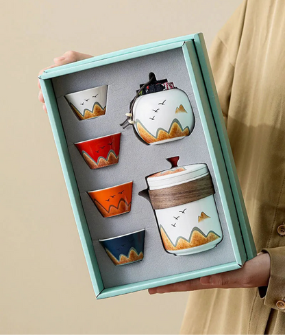 Elegant Chinese-Style Ceramic Tea Set – 4 Cups, Teapot & Tea Canister in Gift Box