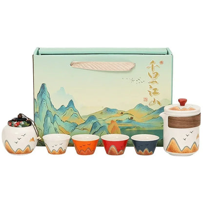 Elegant Chinese-Style Ceramic Tea Set – 4 Cups, Teapot & Tea Canister in Gift Box