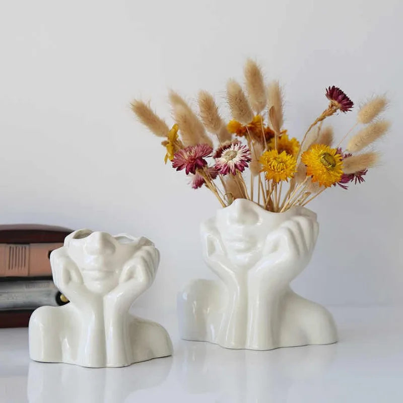 Pasu Bunga Muka Manusia Seramik Mudah Moden Pasu Bunga Tumbuhan Kepala Manusia Pasu Bunga Seni Nordic Hiasan Ruang Tamu Rumah