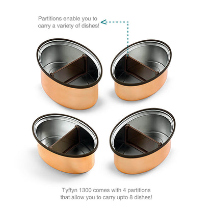 Tyffyn Jumbo Copper-Finished Stainless Steel Lunch Box Without Bagmat, 1300 ml, 4 Containers