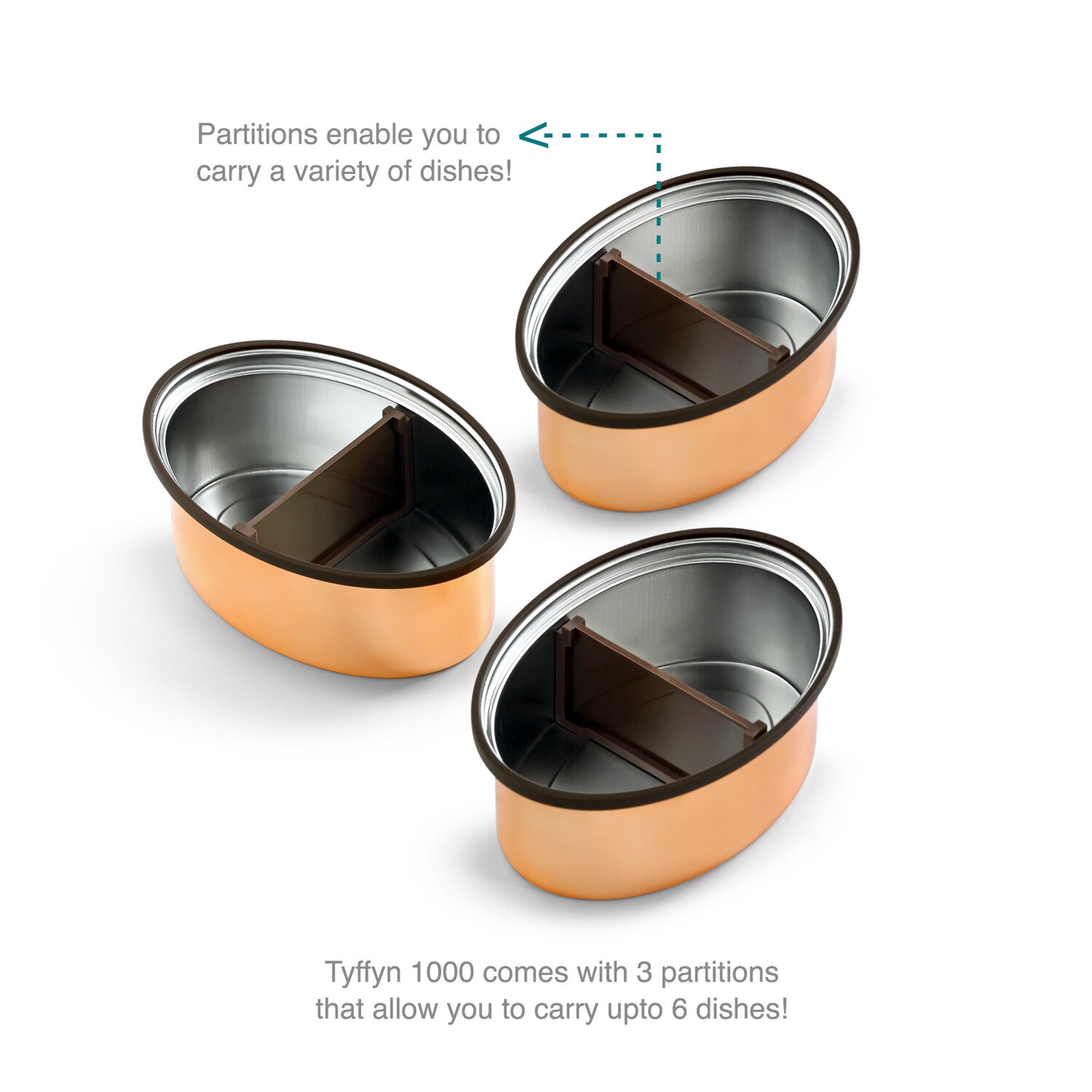 Tyffyn Copper Finished Stainless Steel Lunch Box Without BagMat, 1000 ml, 3 Containers