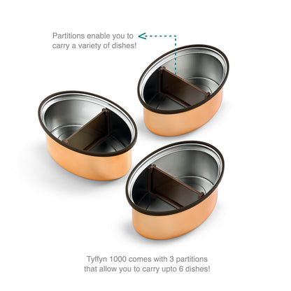 Tyffyn Copper Finished Stainless Steel Lunch Box Without BagMat, 1000 ml, 3 Containers