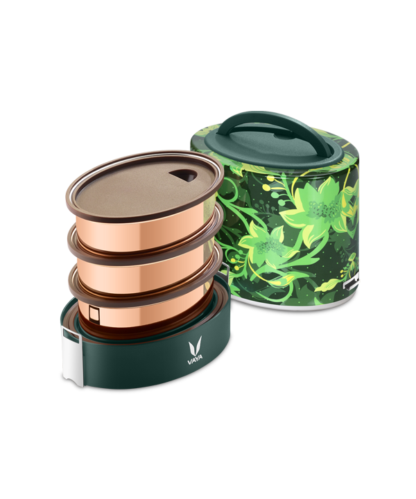 Tyffyn Copper Finished Stainless Steel Lunch Box Without BagMat, 1000 ml, 3 Containers