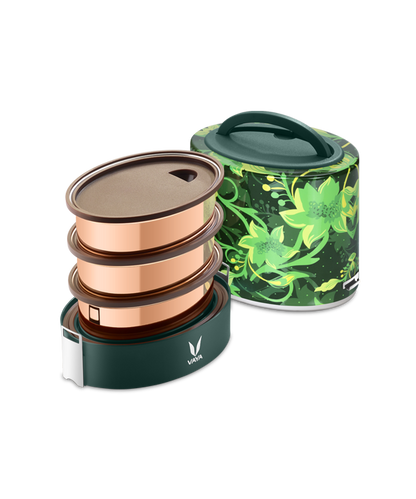 Tyffyn Copper Finished Stainless Steel Lunch Box Without BagMat, 1000 ml, 3 Containers