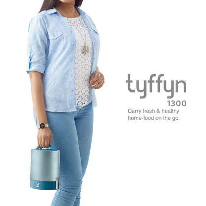 Tyffyn Jumbo Black Polished Stainless Steel Lunch Box Without Bagmat, 1300 ml, 4 Containers, Black