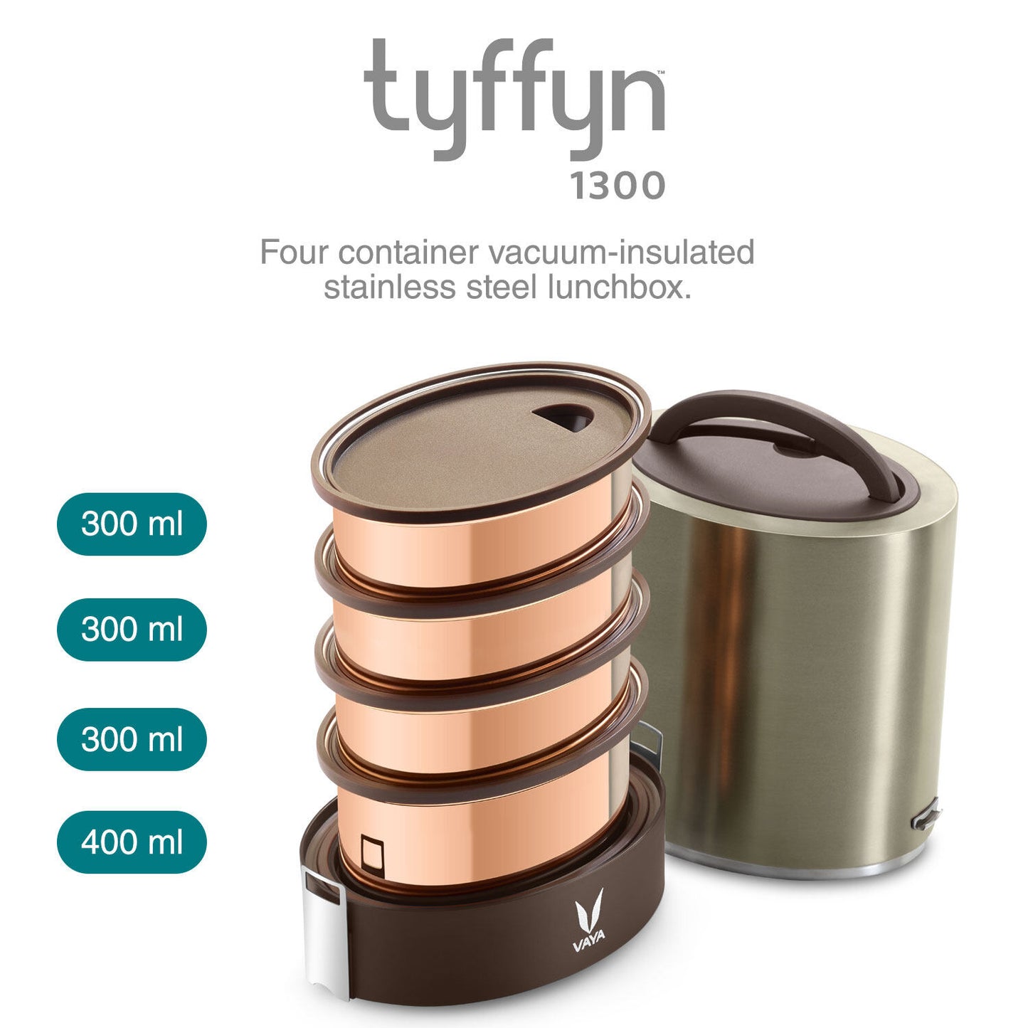 Tyffyn Jumbo Copper-Finished Stainless Steel Lunch Box Without Bagmat, 1300 ml, 4 Containers