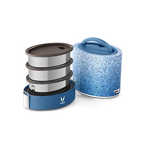 Tyffyn Black Polished Stainless Steel Lunch Box Without Bagmat, 1000 ml, 3 Containers, Black