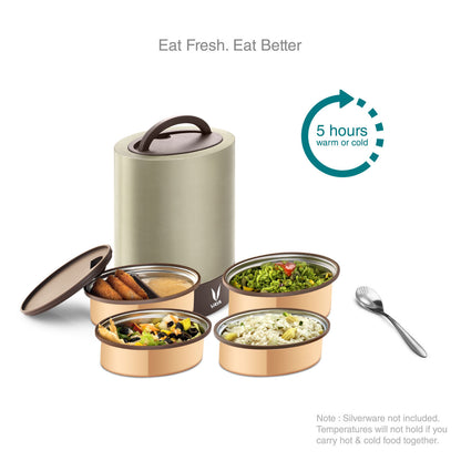 Tyffyn Jumbo Copper-Finished Stainless Steel Lunch Box Without Bagmat, 1300 ml, 4 Containers