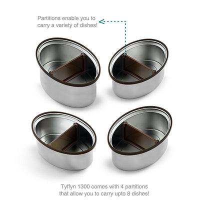 Tyffyn Jumbo Black Polished Stainless Steel Lunch Box Without Bagmat, 1300 ml, 4 Containers, Black