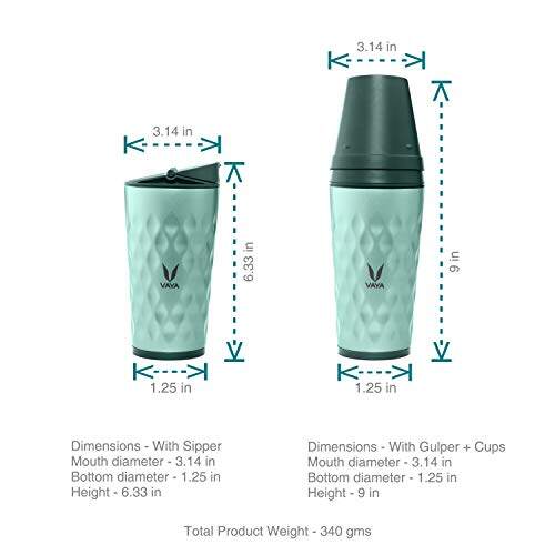 Drynk 350 ml 3 in 1 Vacuum Insulated Stainless Steel Gulper and Sipper Water Bottle (Tumbler+Sipper+Gulper) with 2 Cups, Thermos Flask