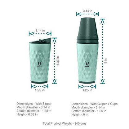 Drynk 350 ml 3 in 1 Vacuum Insulated Stainless Steel Gulper and Sipper Water Bottle (Tumbler+Sipper+Gulper) with 2 Cups, Thermos Flask