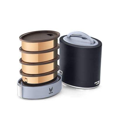 Tyffyn Jumbo Copper-Finished Stainless Steel Lunch Box Without Bagmat, 1300 ml, 4 Containers