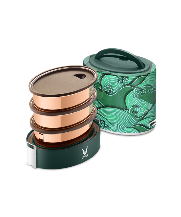 Tyffyn Copper Finished Stainless Steel Lunch Box Without BagMat, 1000 ml, 3 Containers