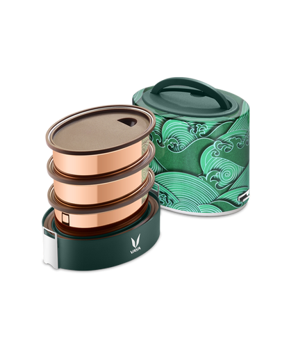 Tyffyn Copper Finished Stainless Steel Lunch Box Without BagMat, 1000 ml, 3 Containers