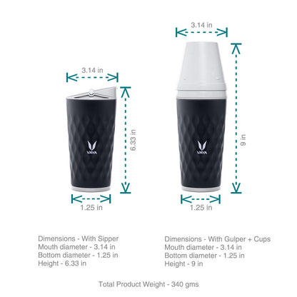 Drynk 350 ml 3 in 1 Vacuum Insulated Stainless Steel Gulper and Sipper Water Bottle (Tumbler+Sipper+Gulper) with 2 Cups, Thermos Flask