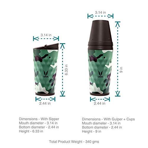 Drynk 350 ml 3 in 1 Vacuum Insulated Stainless Steel Gulper and Sipper Water Bottle (Tumbler+Sipper+Gulper) with 2 Cups, Thermos Flask
