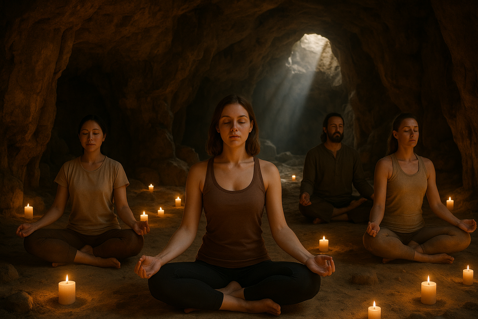 Ultra-realistic image of yoga participants inside a cave setting with ambient candlelight and natural stone walls. Soft beams of natural light from cave entrance, mystical yet grounded atmosphere. Participants in meditative yoga poses with the cave’s textures and environment visible.
